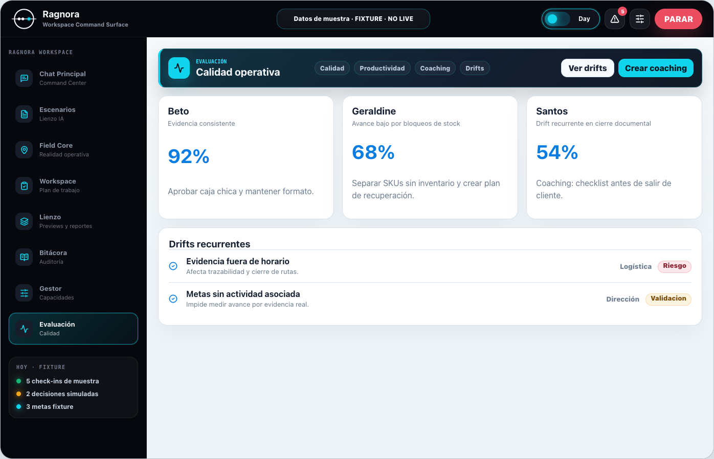 Vista de evaluacion y decision asistida en Ragnora Workspace