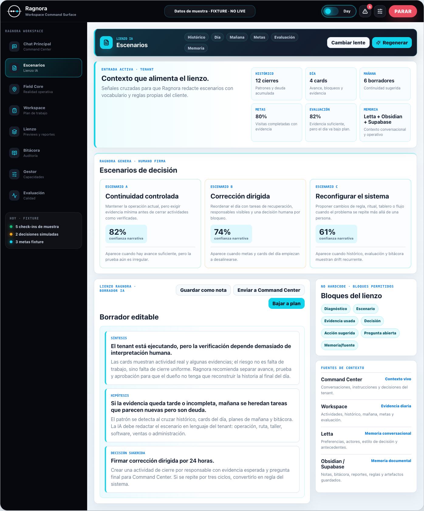 Evidencia y escenarios de decision en Ragnora Workspace